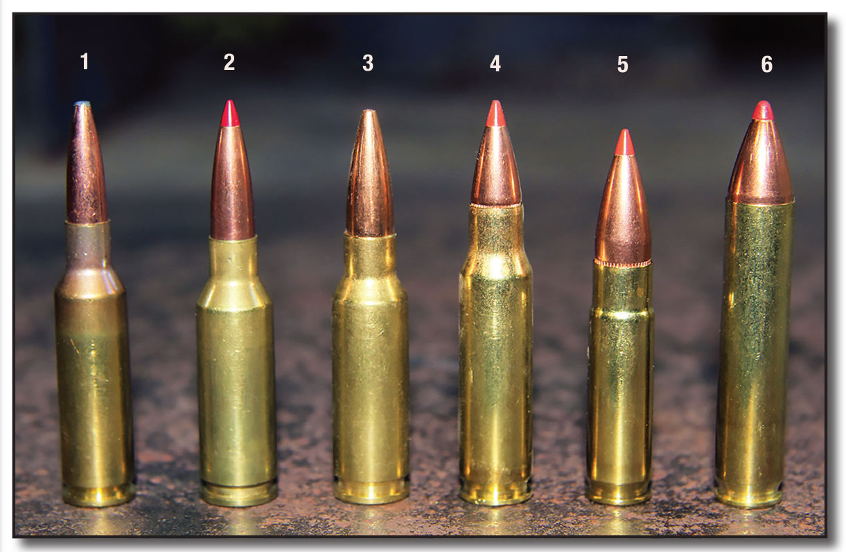 Shown for comparison are six popular AR cartridges: (1) 224 Valkyrie, (2) 6mm ARC, (3) 6.5 Grendel, (4) 6.8 Remington SPC, (5) 300 Blackout and (6) the 350 Legend under discussion here.